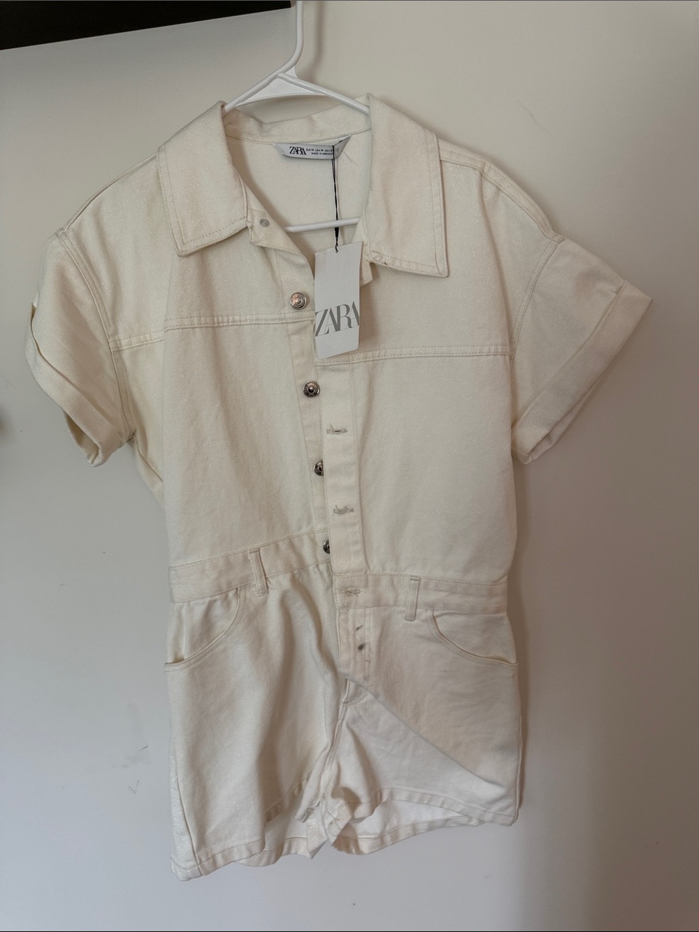 Zara Cream Short-Sleeve Denim romper